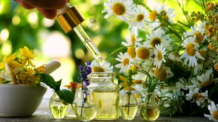 Medicinal herbal extracts in bottles. Selective focus.