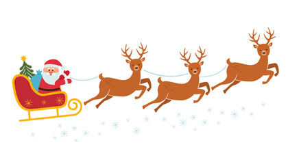 Santa rides a sleigh with his reindeer red silhouette. flat vector illustration isolated on white background. © Higher than clouds