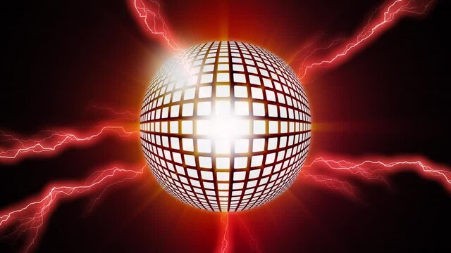 Animation of red electric currents and rotating mirror ball on black background