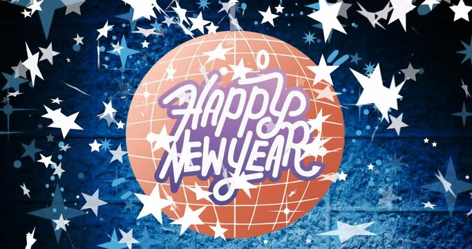 Animation of happy new year text in white and purple with stars and pink mirror ball, on blue