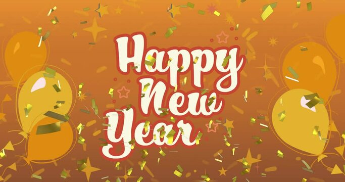 Animation of happy new year text in white with gold confetti and balloons, on orange background