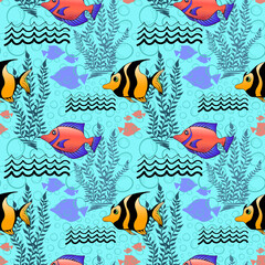 Fototapeta na wymiar Tropical coral fishes and seaweed seamless pattern. Exotic ocean creatures surface pattern design. Marine animals endless texture. Underwater fauna boundless background. Sea life editable tile.