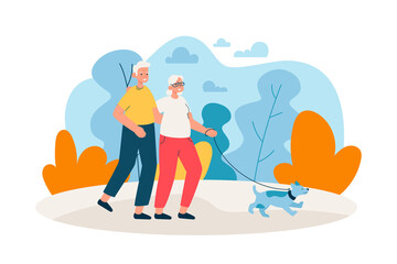 Elderly couple walking in park with a dog. Happy aged man and woman spending time together outdoors. Active retirement, sport and healthy lifestyle concept. Modern flat vector illustration