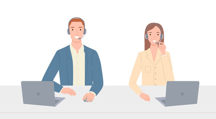 Woman and man with headphones and laptops are sitting at table, the concept of a call center and online customer support