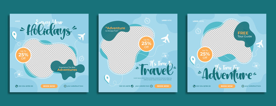 Travel sale business marketing social media post template design with abstract background, agency logo and icon. Summer holiday travelling & tourism online promotion digital banner, poster & flyer.   