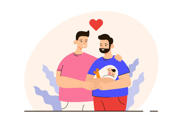 Happy gay couple standing together with their new born baby. Homosexual family with a child. LGBTQ family concept. Modern flat vector illustration