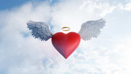 Heart with angel wings and gold ring flying in clouds