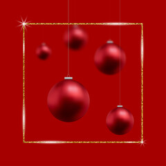 Red Christmas decoration with golden frame. Christmas background. Vector illustration.