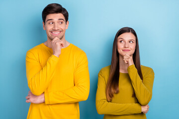 Photo of clever intelligent couple look each other prepare plan wear yellow casual outfit isolated...