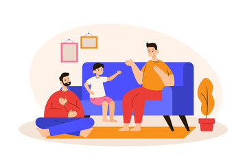 Happy gay family chatting with their child sitting on the couch. Homosexual parents spending time with son. LGBTQ concept. Modern flat vector illustration