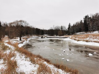 winter in Pavlovsky Park snow trees frozen river