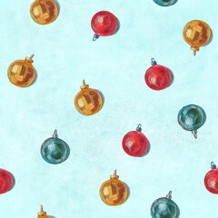 Christmas oil painting. Christmas tree balls seamless pattern. Tree ball oil painting. Christmas toys background