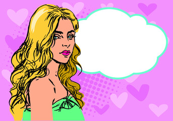 Wow a feminine pop art face. With blue eyes, an open lips, and a speech bubble,  sexy young woman is astonished. Bright vector backdrop in the manner of a pop art retro comic. Poster for a party invit