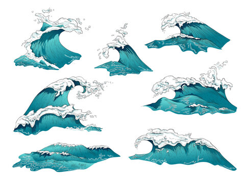 Set of sea or ocean waves in color sketch vector illustration isolated