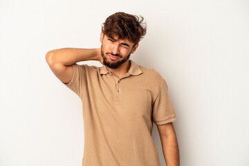 Fototapeta premium Young mixed race man isolated on grey background having a neck pain due to stress, massaging and touching it with hand.