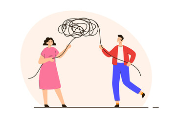 Happy man and woman untangling a knot. Couple working together to solve relationship problems. Family crisis, breakup and divorse concept. Modern flat vector illustration