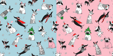 new year vector pattern with funny dogs in carnival costumes  - 472026745