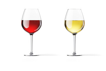 Glass of white and red wine, isolated over white background. Wine glass mockup template. 3d rendering.