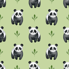Watercolor panda bears and leaves on green background: seamless pattern. Cute hand-drawn animals texture. Kids fabric and wallpaper design. Minimalist scrapbook print