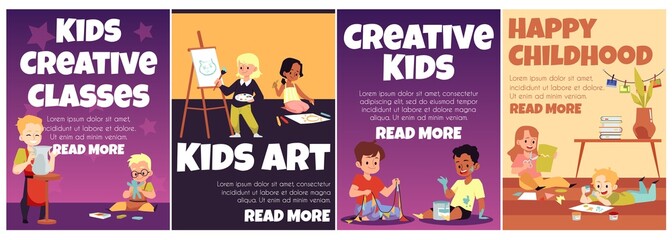 Set banners or cards for kids creative and art classes flat vector illustration.
