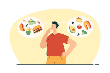 Man thinkig about food choises. Person deciding what to eat between healthy and unhealthy options. Junk food, diet and nutrition concept. Modern flat vector illustration