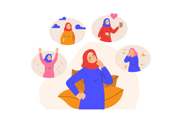 Muslim woman thinking about mood changes. Female character in hijab being sad, happy, celebrating and crying. PMS, hormonal disbalance, stress, mental disease concept. Modern flat vector illustration
