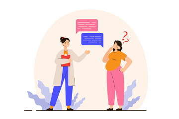 Pregnant woman asking questions to a doctor. Female character expecting a baby, examination during pregnancy. Motherhood concept. Modern flat vector illustration