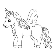 Cute little unicorn. Vector black and white illustration for coloring book.