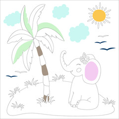 The baby elephant sits under a palm tree. Tropic savannah. Vector image. Cartoon style. Coloring. 