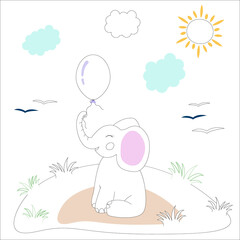 A baby elephant with a balloon sits in a clearing. Tropical savannah. Vector image. Cartoon style. Coloring.