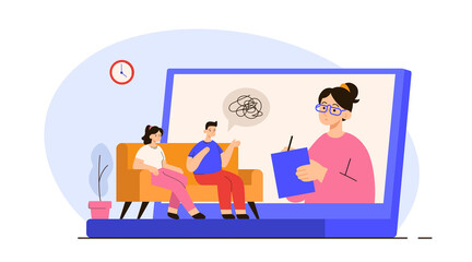 Female psychologist consulting man and woman online by laptop. Marriage counseling, relationship problems, couple therapy concept. Modern flat vector illustration