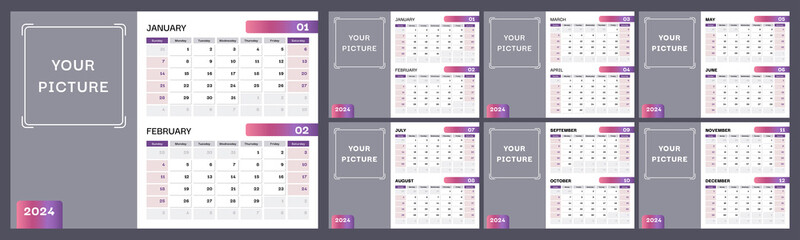 Calendar for 2024. Week starts on Sunday. Set of 12 pages. Vector design template with place for photo.