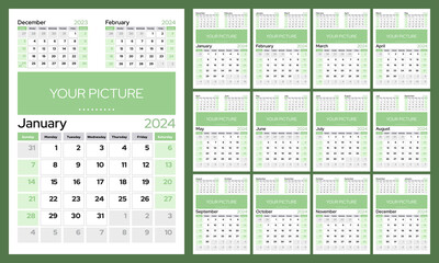 Vertical quarterly calendar for 2024. Week starts on Sunday. A set of 12 calendar pages. Vector template with photo.