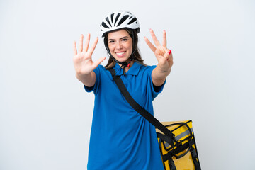 Young delivery woman with thermal backpack isolated on white background counting eight with fingers