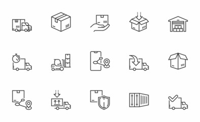 Set of Vector Line Icons Related to Logistics. Shipping, Delivery, Order Tracking, Warehouse. Editable Stroke. Pixel Perfect.