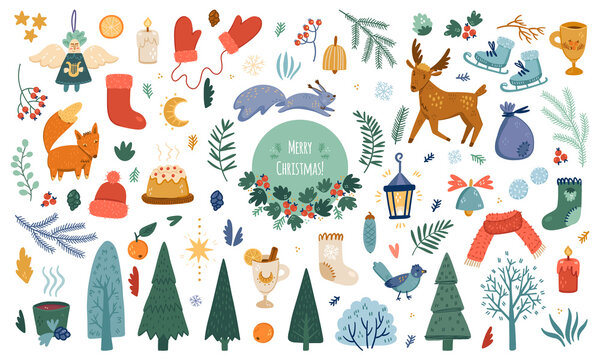 Illustration great set for Christmas and New Year. Simple cute style. Nice colors.