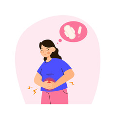 Woman suffering from menstrual pain. PMS, cramps, ovulation and gynecology problems concept. Modern flat vector illustration