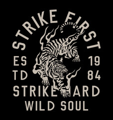 Black and White Tiger with Flames Around Mixed with A Slogan Vector Artwork on Black Background For Apparel and Other Uses
