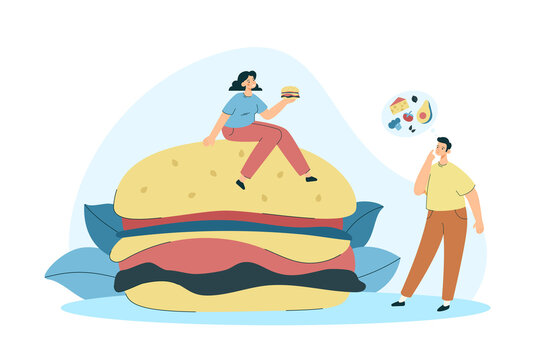 Woman suggesting burger to a man. Male character deciding what to eat between healthy and unhealthy options. Junk food, diet and nutrition concept. Modern flat vector illustration