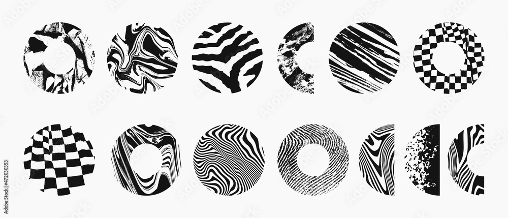 Poster Set Of abstract Circle Shapes. Geometric Textured Elements. Cool Op Art Vector Design.