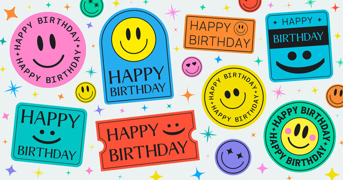 Cool Trendy Happy Birthday Stickers Background Vector Design.