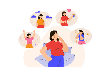 Woman thinking about mood changes. Female character being sad, happy, celebrating and crying. PMS, hormonal disbalance, stress, mental disease concept. Modern flat vector illustration