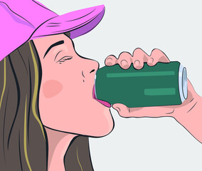 A girl in a cap drinks soda from a tin can. - 472030718
