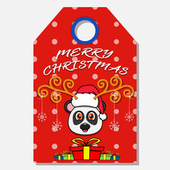 Merry Christmas Happy New Year hand drawn label tag With Cute Panda Head Character Design.