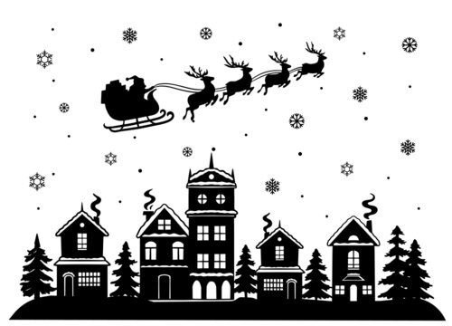 Christmas Scene Svg,Christmas Village vector clipart,Santa Sleigh,Christmas Santa,Cutting Files,Santa's Reindeer,Merry Christmas,Reindeer,Snow Snowflakes Paper Cut