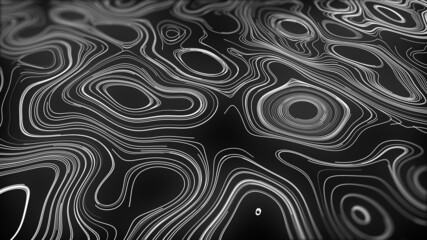 White outline topographic contour map abstract tech motion graphic design. Geometric background. Video animation Ultra HD 4K 3840x2160. Moving waves on black background. Pattern with waves of lines