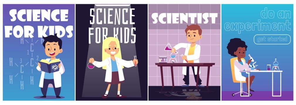 Science education for kids banners or posters, flat vector illustration.