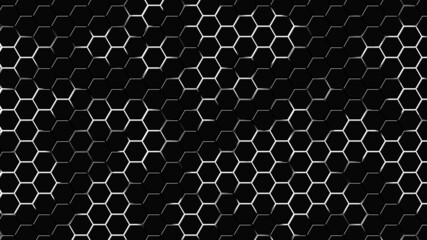 Technology hexagonal vector background. Abstract bright energy flashes under hexagon in dark technology modern futuristic background vector illustration. Gray honeycomb texture grid.