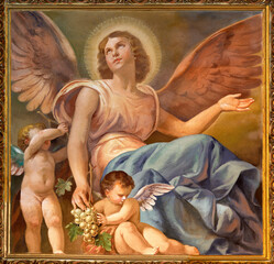FORLÍ, ITALY - NOVEMBER 11, 2021: The fresco of angel with the grape in the Cattedrala di Santa...