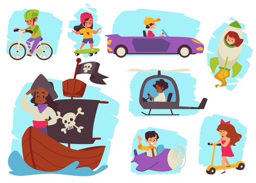 Set of kids riding on different transport, flat vector illustration isolated.